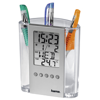 Hama | Portalápices con Termómetro LCD y Reloj Digital (Función despertador con 9 pistas musicales, Aviso de cumpleaños), Color Plata