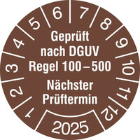 Prüfplakette, Geprüft nach DGUV Regel 100-500, 15 Stk/Bogen,Größe: 3,0 cm Version: 2025 - Geprüft nach DGUV Regel 100-500, 2025