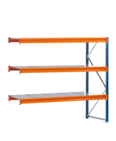 AR, Weitspannregal mit Stahlpaneelen W 100, 2000 x 2500 x 600 mm, blau/orange/verzinkt, 3 Ebenen, Fachlast 820 kg