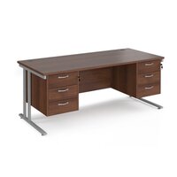 Maestro 25 straight desk 1800mm x 800mm with two x 3 drawer pedestals - silver cantilever leg frame, walnut top
