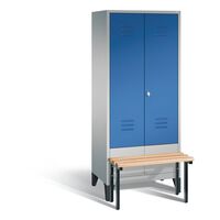 CLASSIC cloakroom locker with bench mounted at front, doors close in the middle
