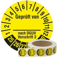 Prüfplaketten 30 mm, Geprüft von __ nach DGUV V 3, 2025-2030, Polyethylen Etiketten schwarz-gelb, 1.000 Prüfetiketten auf Rolle