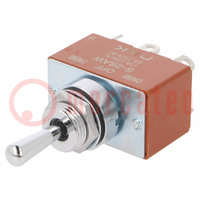 Switch: toggle; Pos: 3; DP3T; (ON)-OFF-(ON); 6A/250VAC; 20A/30VDC