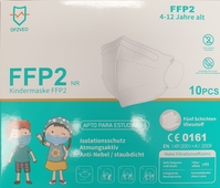 Atemschutzmaske FFP 2 NR für Kinder ohne Ventil, gefaltet, Ohrschlaufe, EN 149:2001 + A1:2009, CE
