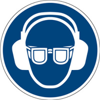 Gebotszeichen "Gehör- und Augenschutz benutzen", Folie (0,1 mm), 100 mm, in Anlehnung ISO 7010, selbstklebend