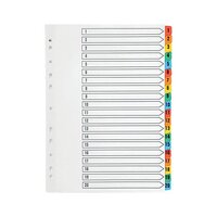 Q-Connect 1-20 Index Multi-punched Reinforced Board Multi-Colour Numbered Tabs A