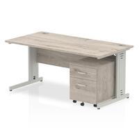 Dynamic Impulse 1600mm x 800mm Straight Desk Grey Oak Top Silver Cable Managed Leg with 2 Drawer Mobile Pedestal I003200