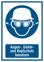 Kombischild - Ohrstöpsel, Augen- und Kopfschutz benutzen, Blau, 18.5 x 13.1 cm