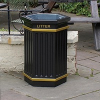 GRP Hexagonal Fluted Open Top Litter Bin - 84 Litre-Victoriana Finish painted in Black with Gold Beading