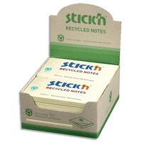 STICK'N Lot de 12 blocs de 100 feuilles recyclés repositionnables 76x127 mm. Couleur jaune.