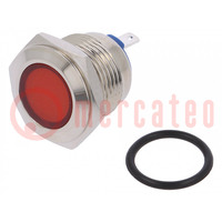 Ellenőrző lámpa: LED; lapos; piros; 12VDC; 12VAC; Ø16mm; réz