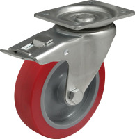 Produkt Bild von Lenkrolle Bremse Stahl Oberplatte 200mm Rad Rot Polyurethaan. Traglast 500Kg