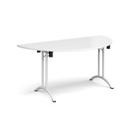 Semi circular folding leg table with white legs and curved foot rails 1600mm x 8