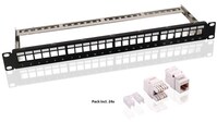 19-Zoll (48,3 cm) Keystone Patch Panel Leergehäuse Set (1 HE), Schwarz - inkl. 24x CAT-6-Module (UTP