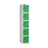 Probe keyless coloured lockers with combination lock, white body, 5 green doors, 460mm depth