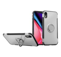 Műanyag telefonvédő (szilikon keret, asztali tartó funkció, telefontartó gyűrű, beépített fémlemez, karbon minta) EZÜST [Apple iPhone XR ...