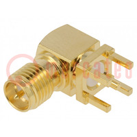 Contact; RP-SMA; mannelijk; hoek van 90 °; THT; op PCB; PTFE