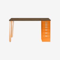 MultiDesk, 2 Stahlfüße, 1 MultiDrawer mit 8 Schüben, Dekor Nussbaum, Farbe Orange, Maße: H 740 x B 1400 x T 600 mm