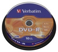 1x10 Verbatim DVD-R 4,7GB 16x Speed, Mat zilver Cakebox