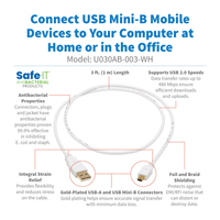 Tripp Lite U030AB-003-WH Cable Antibacteriano USB A a USB Mini B (M/M), USB 2.0, Blanco de 0.91 m [3 pies]