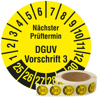 Prüfplaketten 30 mm, Nächster Prüftermin DGUV Vorschrift 3, 2025-2030, Polyethylen Etiketten schwarz-gelb, 1.000 Prüfetiketten auf Rolle