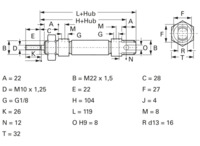 Miniatur-Zylinder, doppeltwirkend, 0,5 bis 10 bar, Kd. 25 mm, Hub 160 mm, 28.29.