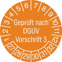 Prüfplakette, Geprüft nach DGUV Vorschrift 3, 500 Stück/Rolle, 3,0 cm, 2020-2025 Version: 27-32 - Prüfplakette 2027-2032