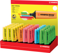 Textmarker STABILO® BOSS® ORIGINAL Display. Werkstoff: Karton und Kunststoff, sortiert in 6 Leuchtfarben: je 4 Stück rot, je 5 Stück blau, pink, 6 Stück orange, 10 Stück grün, 1...