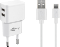 Goobay USB-C-Dual-Ladeset (12 W), Netzteil mit 2x USB-Anschlüssen, USB-C-Kabel, 1 m, weiß