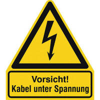 Warnschild Vorsicht! Kabel unter Spannung Kombischild, Alu, Größe 21,00x24,50 cm DIN EN ISO 7010 W012 + Zusatztext ASR A1.3 W012 + Zusatztext