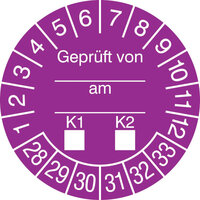 Prüfplaketten - Geprüft von...am...K1-K2, in Jahresfarbe, 15 Stk/Bogen, selbstkl.,3,0 cm Version: 28-33 - Prüfplakette - Geprüft gemäß VDE 28-33