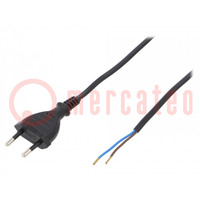 Kábel; 2x0,5mm2; CEE 7/16 (C) dugó,vezetékek; PVC; 1,5m; fekete