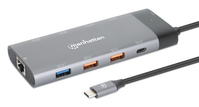 Manhattan USB-C Dock/Hub, Ports (x10): Ethernet, HDMI (x2 8k), USB-A (x5) and USB-C (x2), With Power Delivery (100W) to USB-C Port (Note additional USB-C wall charger and USB-C ...