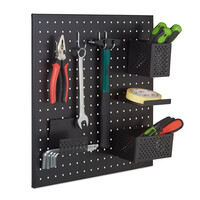 Relaxdays Werkzeugwand, Metall Lochwand, HxB 45 x 45 cm, 9-teiliges Werkzeughalter Set, Werkstattordnungssystem, schwarz