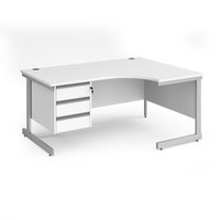 Contract 25 right hand ergonomic desk with 3 drawer pedestal and silver cantilever leg 1600mm - white top