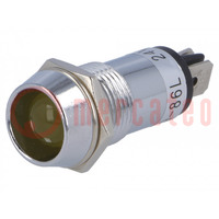 Indicator: LED; recessed; yellow; 12VDC; Ø14.2mm; IP40; brass