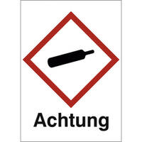 GHS-Gefahrstoffetikett, mit Text: Achtung, 16 St./Bog., Größe: 2,0 x 3,4 cm Version: 04 - Achtung! Gasflasche