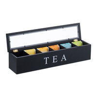 Relaxdays Teebox, 6 Fächern, Bambus, H x B x T: 9 x 43,5 x 9 cm, für Tee & Kaffeepads, Teebehälter mit Deckel, schwarz