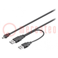 Kabel; USB 2.0; USB-A-stekker x2,USB B-ministekker; 600mm; zwart
