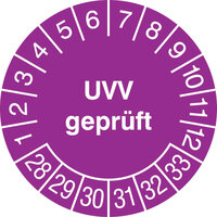 Prüfplaketten - UVV geprüft, in Jahresfarbe, 15 Stück/Bogen, selbstklebend, 3,0 cm Version: 28-33 - Prüfplakette - UVV geprüft 28-33