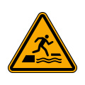 Warnung vor dem ins Wasser Fallen beim Betreten oder Verlassen einer schwimmenden Fläche