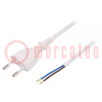 Kabel; 2x0,75mm2; CEE 7/16 (C) stekker,draden; PVC; 1m; wit; 2,5A