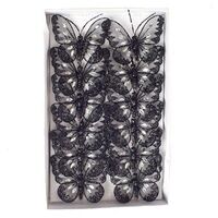 Mesh Glittered Clip On Butterflies - 8cm, Black, Tray of 12