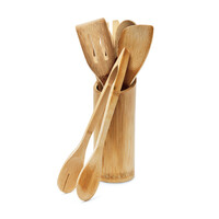 Relaxdays Küchenhelfer Set Bambus 7-teilig 30 cm lang als Kochlöffel Set aus Holzlöffel Pfannenwender (je 2) und Salatzange Gabel mit Halter bzw. Ständer für Kochbesteck als Küchenutensilien, natur