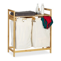 Relaxdays Wäschekorb Bambus, Wäschesortierer mit Ablage, 2 Fächer, ausziehbar, tragbarer Wäschebehälter, 60 Liter, natur