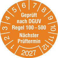 Prüfplakette, Geprüft nach DGUV Regel 100-500, 15 Stk/Bogen,Größe: 3,0 cm Version: 2027 - Geprüft nach DGUV Regel 100-500, 2027