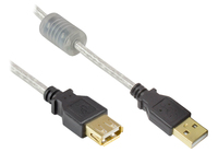 Verlängerung USB 2.0 Stecker A an Buchse A, High Quality mit Ferritkern und Goldkontakten, transpare