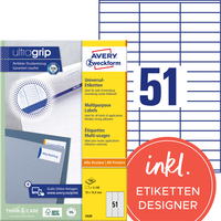 Universal-Etiketten, A4 mit ultragrip, 70 x 16,9 mm, 100 Bogen/5.100 Etiketten, weiß