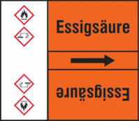 Rohrmarkierungsband mit Gefahrenpiktogramm - Essigsäure, Orange, Selbstklebend