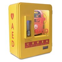 Heated outdoor alarmed AED cabinet